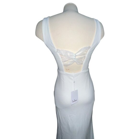 Lulus Open Bow Back Sleeveless Square Neck Maxi Wedding Dress with Train Sz Medi - Picture 3 of 13